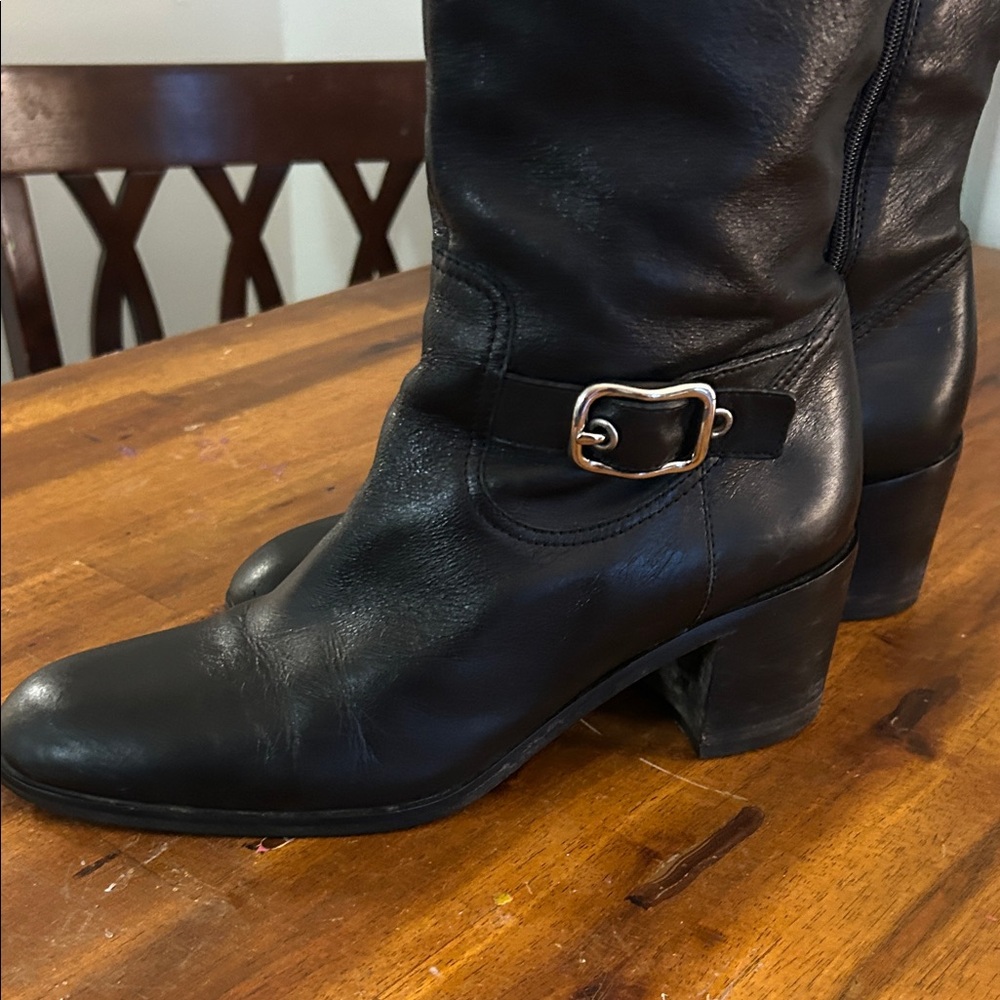 Coach Black Leather Knee-High Heeled Boots with Buckle Details - Picture 3 of 10